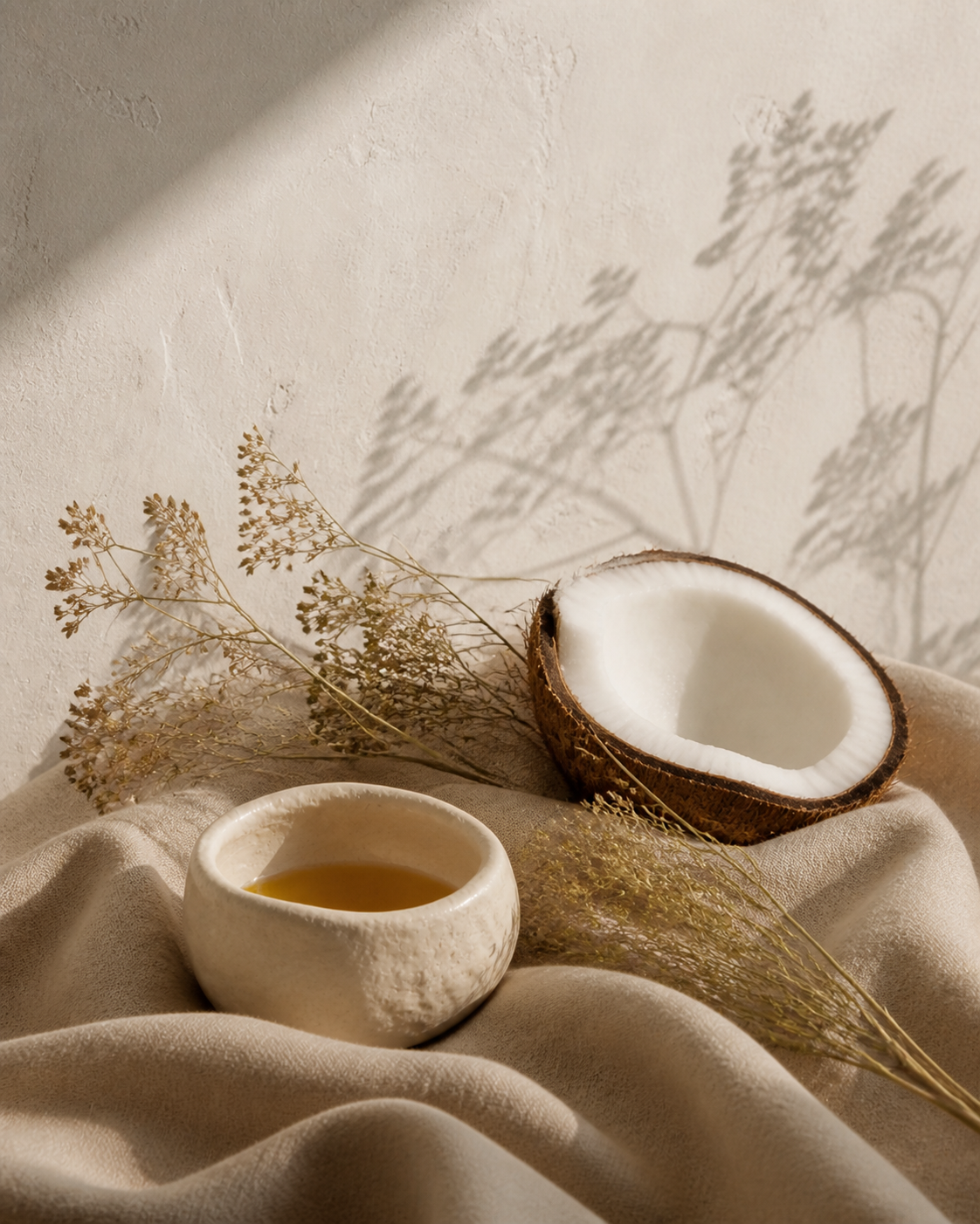 Coconut and honey arranged with linen in warm spa light
