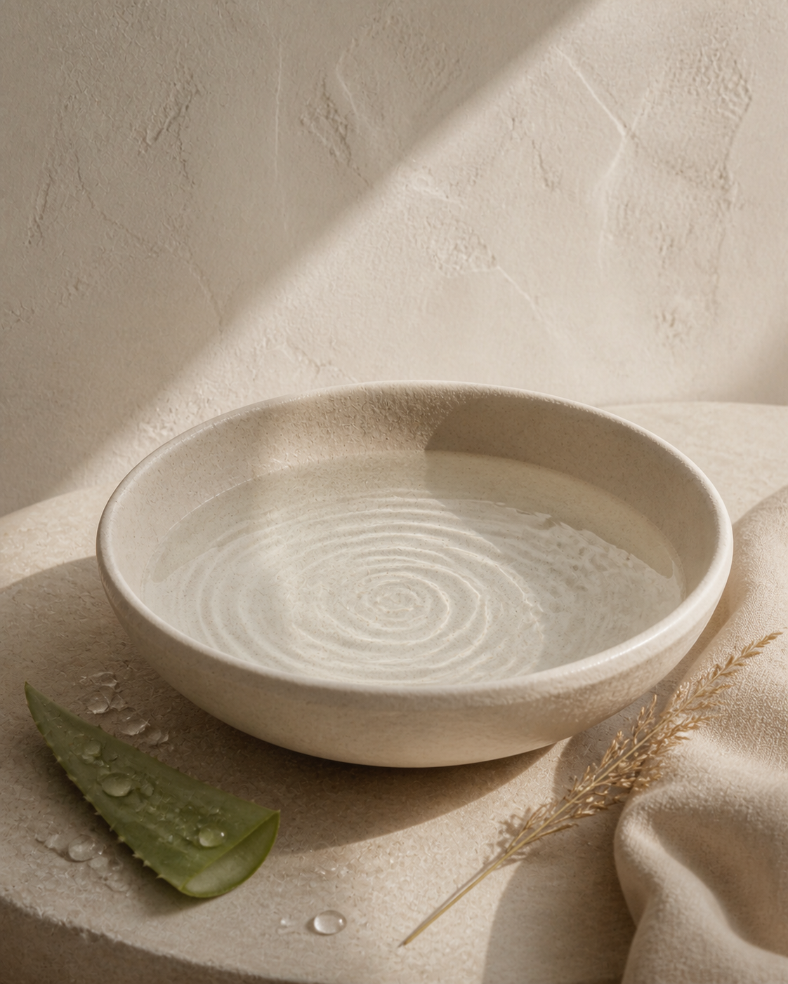 A serene water ritual with aloe, linen and handmade ceramic