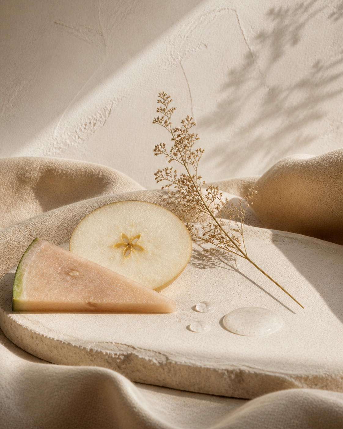 Apple, watermelon and serum droplets in a quiet botanical ritual