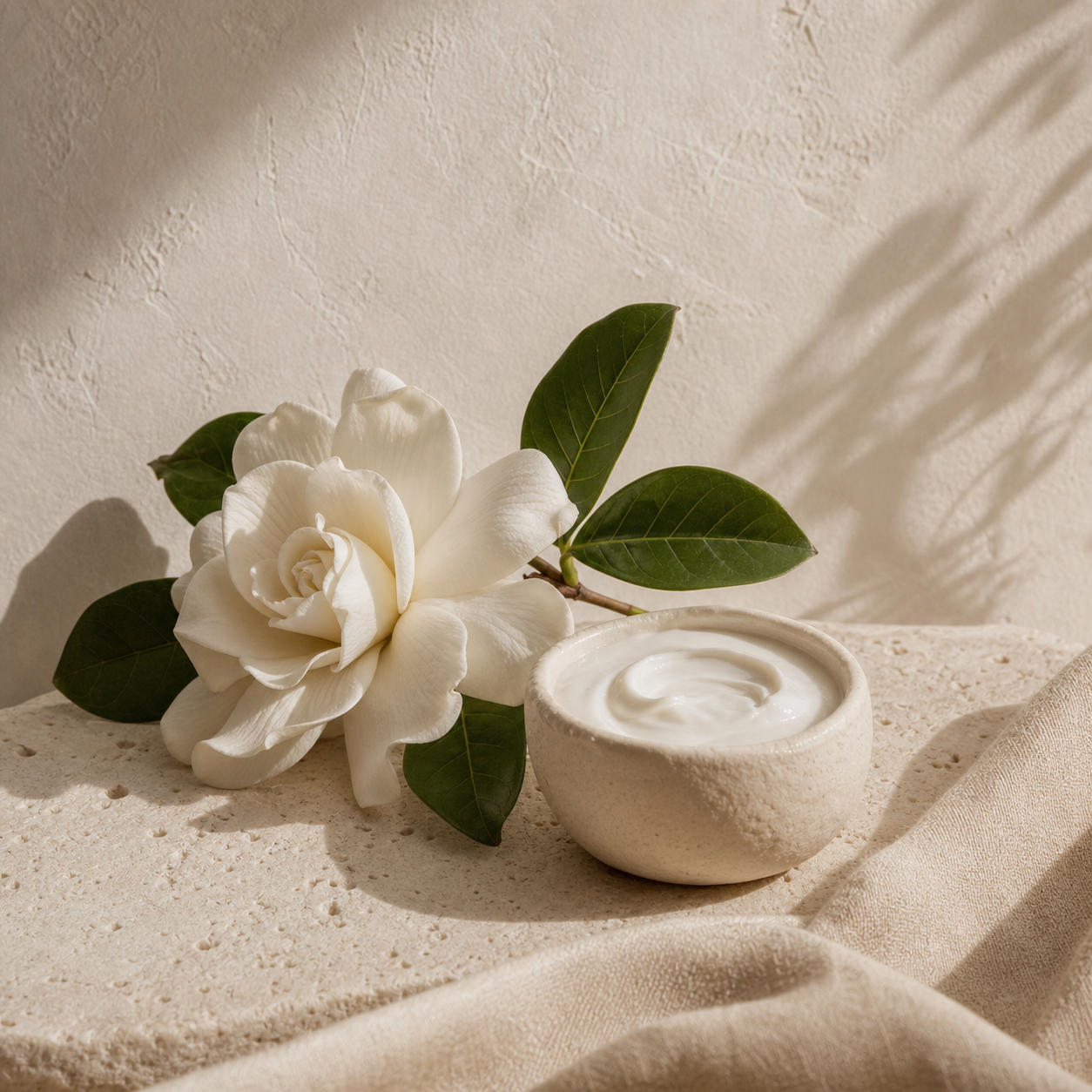 Gardenia, restorative cream and linen in warm spa light