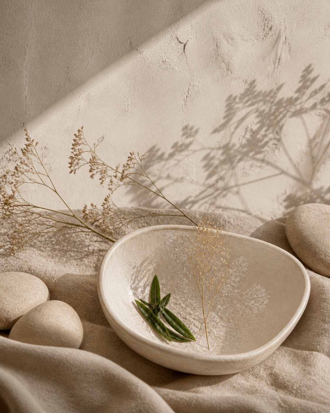Snow algae, green leaves and stones in a serene spa setting