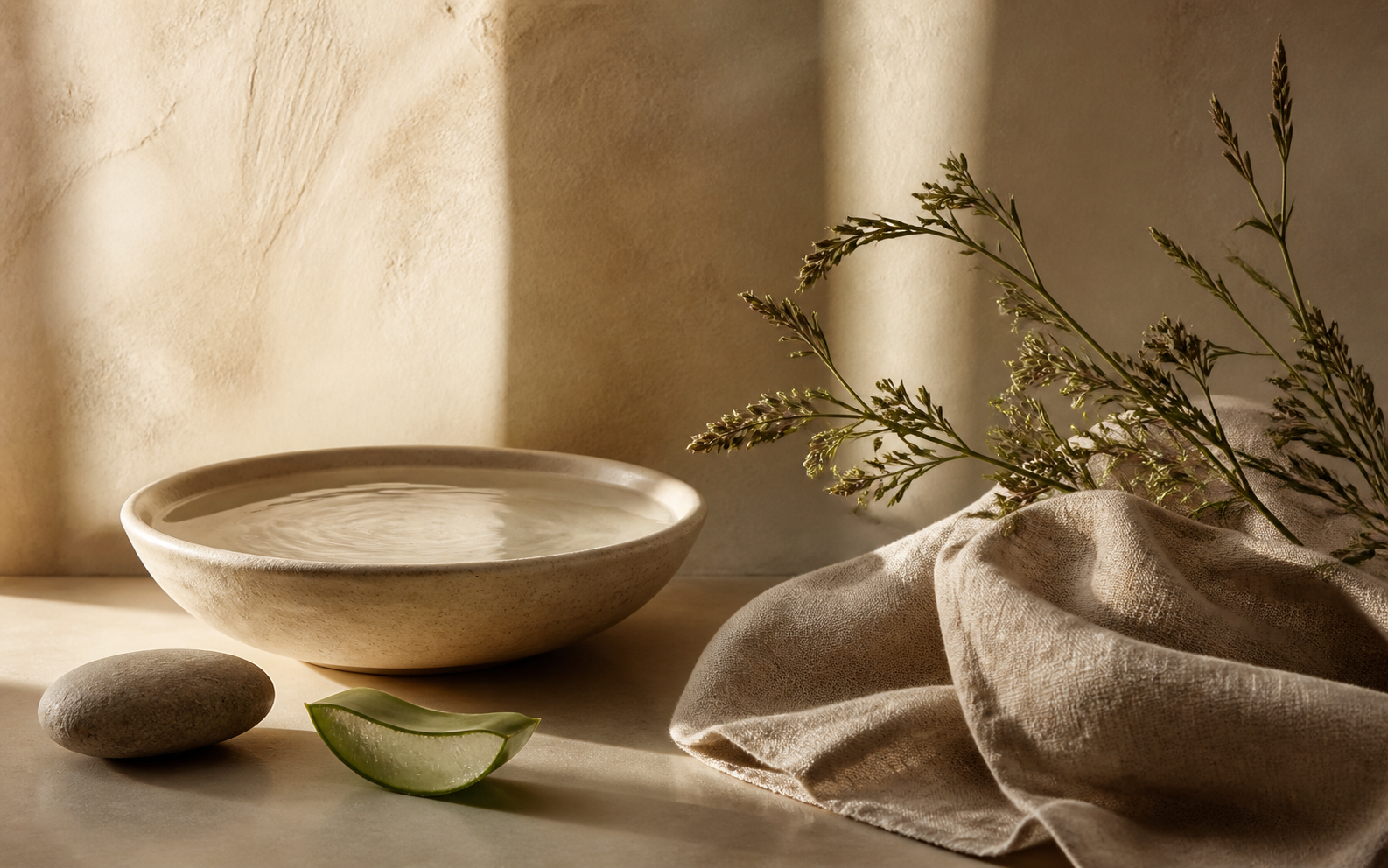 A serene ritual setting with linen, water, aloe and dried botanical stems